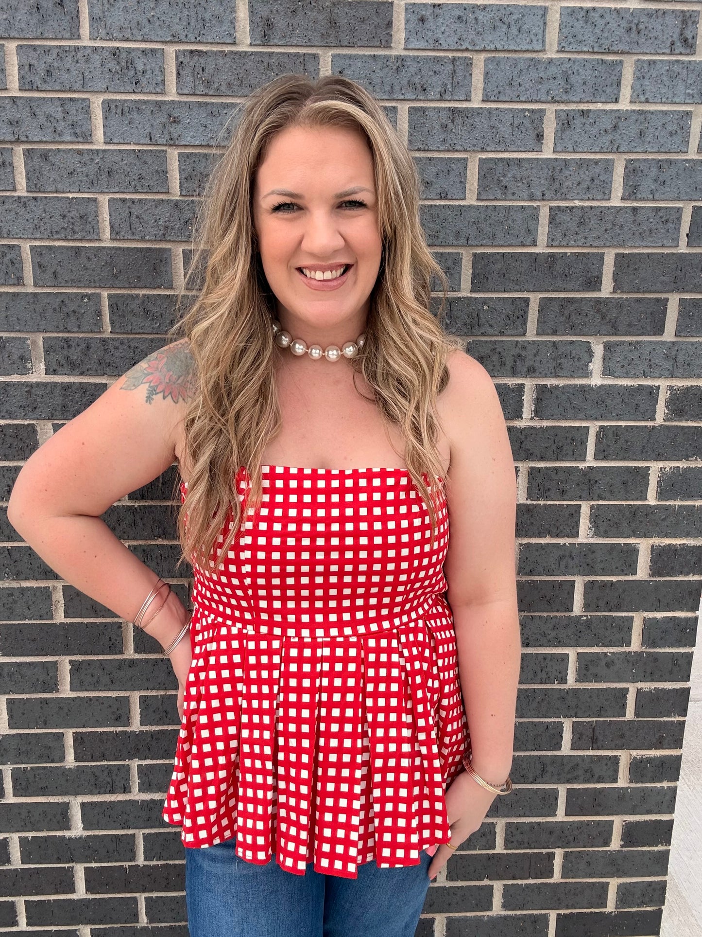 Red Checkered Strapless Blouse