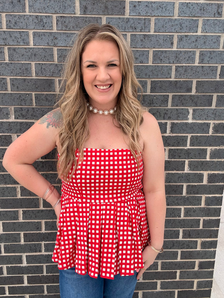 Red Checkered Strapless Blouse