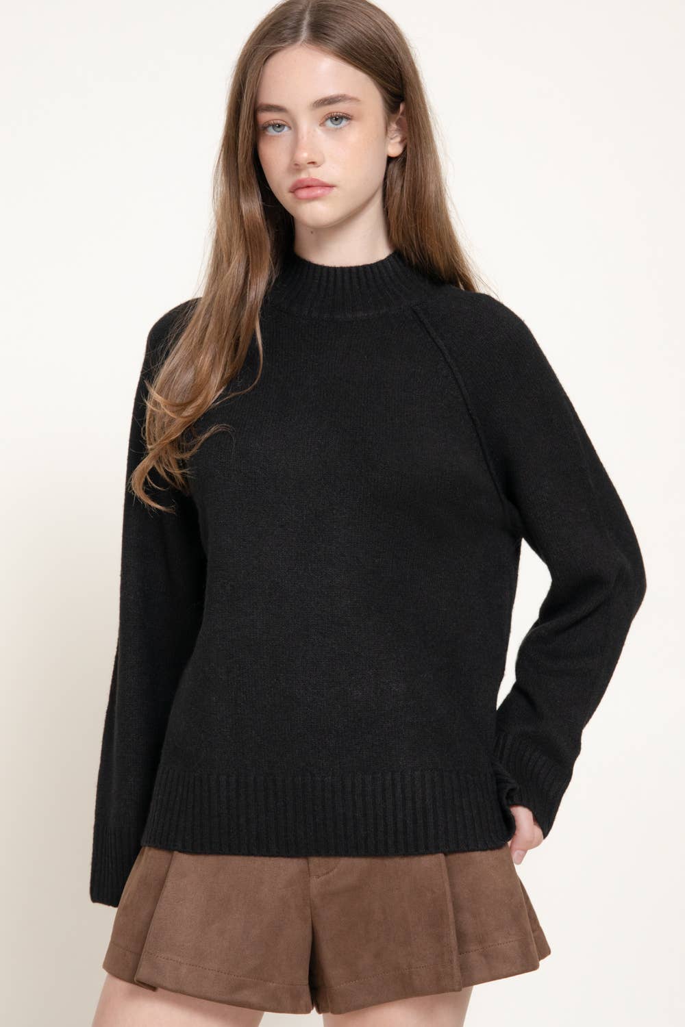 Black Raglan Mock Neck Sweater