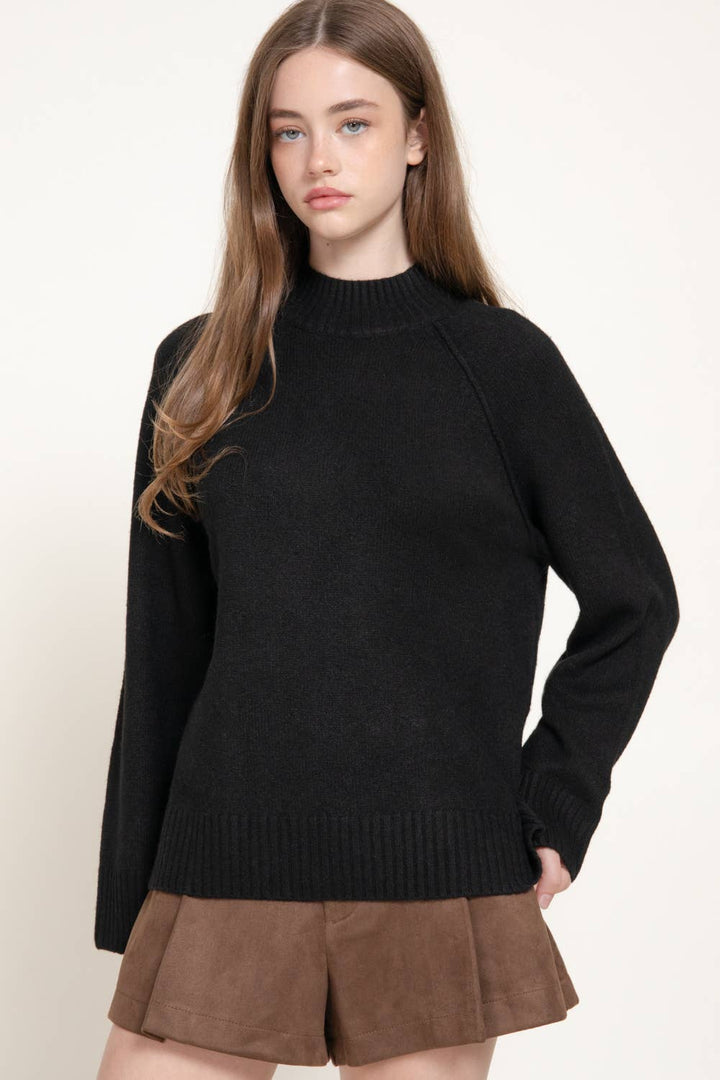 Black Raglan Mock Neck Sweater