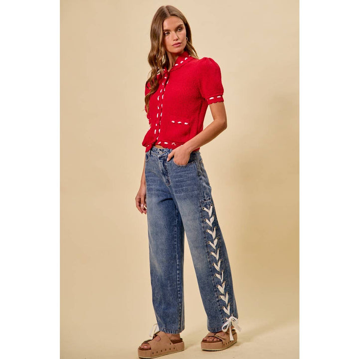 Mid Rise Straight Lace Up Jeans