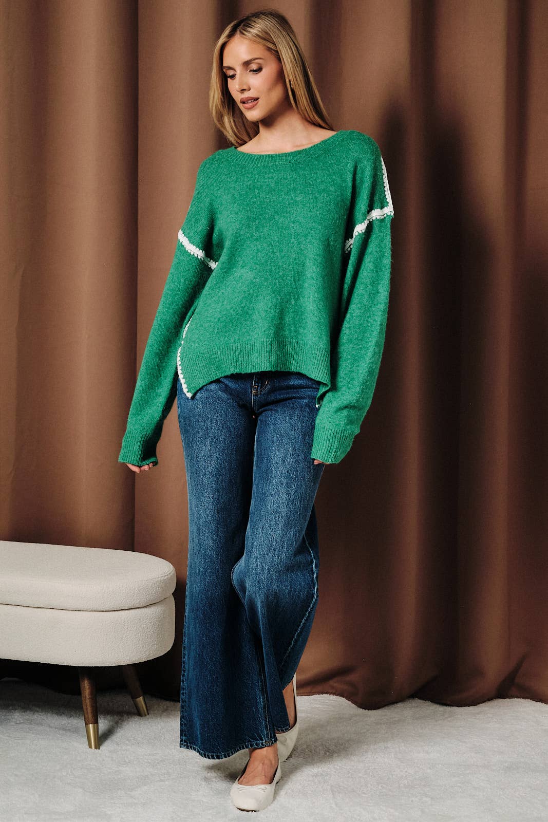Contrast Blanket Stitch Long Sleeve Knit Sweater: GREEN-CREAM / M