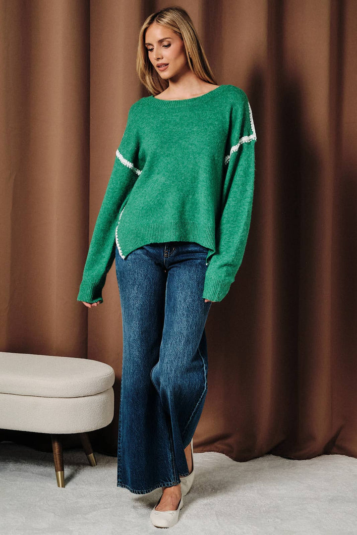 Contrast Blanket Stitch Long Sleeve Knit Sweater: GREEN-CREAM / M