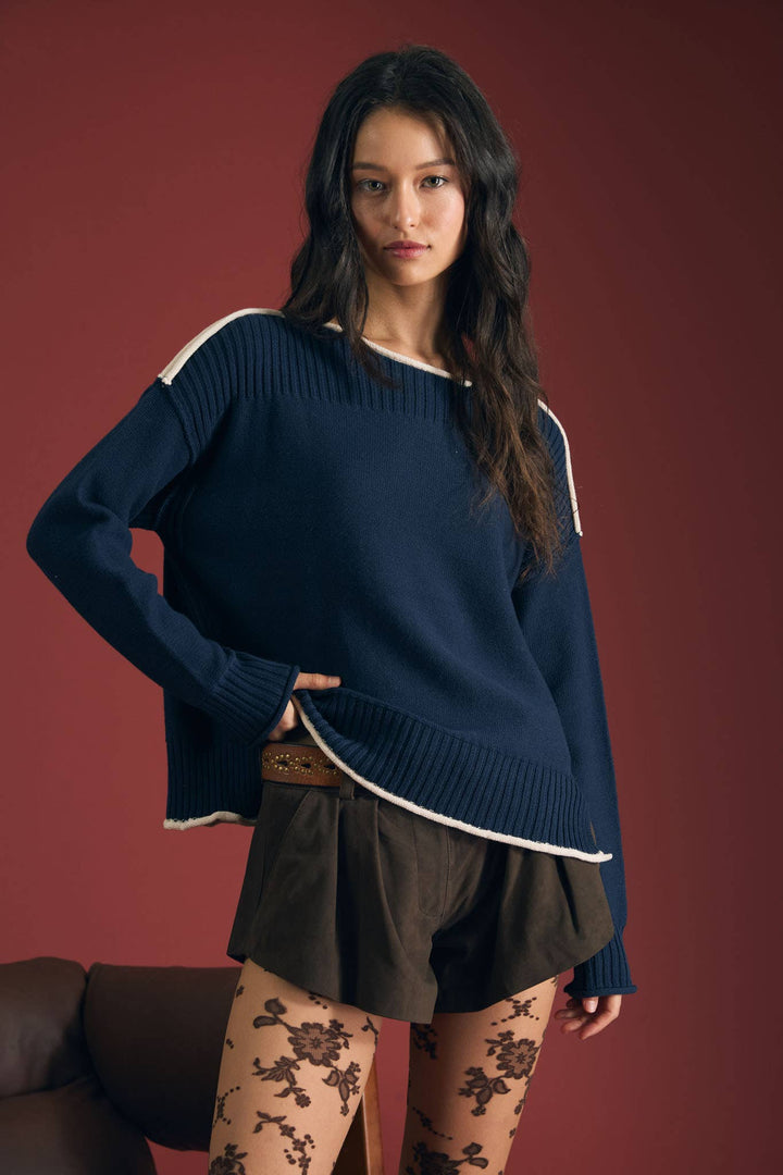 CONTRAST TRIM BOAT NECK RIBBED DETAIL KNIT SWEATER : NAVY