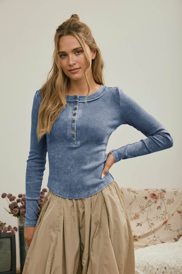 Washed Vintage Blue Ribbed Henley
