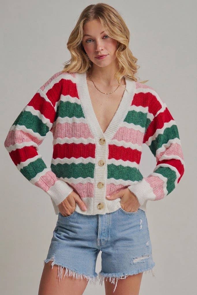 HOLIDAY CHRISTMAS COLOR STRIPE SWEATER CARDIGAN_JLT00484-01: IVORY / S-M-L(2-2-2)