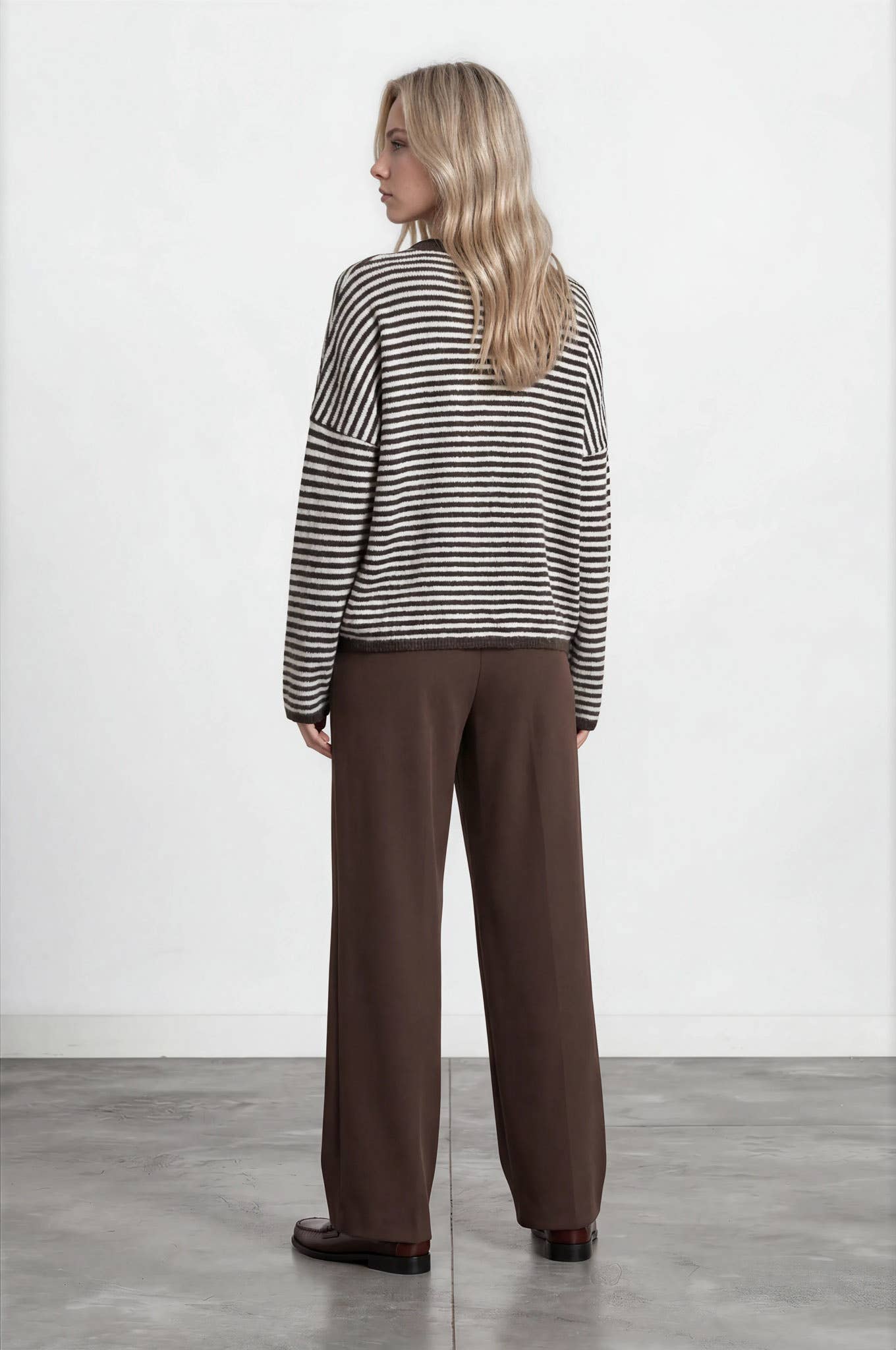 STRIPE RAW EDGE DROP SHOULDER KNIT CARDIGAN : DUSTY BLUE