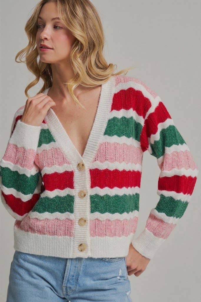 HOLIDAY CHRISTMAS COLOR STRIPE SWEATER CARDIGAN_JLT00484-01: IVORY / S-M-L(2-2-2)