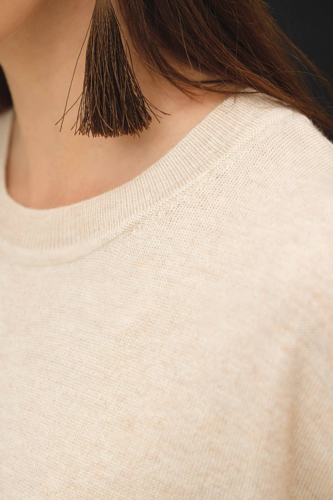 WOOL BLENED BOXY FIT SHORT SLEEVE SWEATER TOP : OATMEAL / L