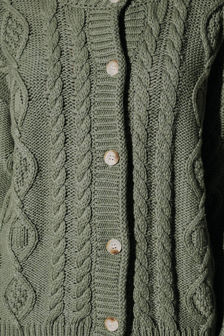 Oversized Cable Knit Button Down Cardigan Sweater: OLIVE / S