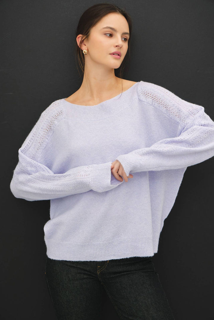 BOAT NECK CROCHET DETAIL SWEATER: LAVENDER / S