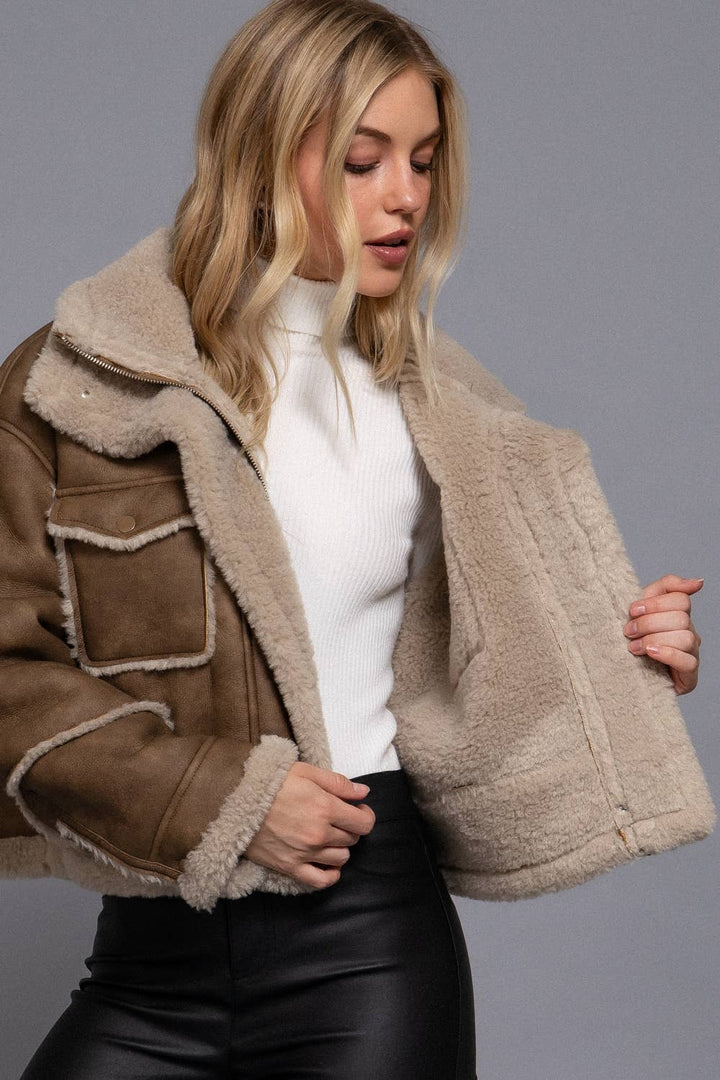 Chestnut Faux Leather Fur Trim Jacket