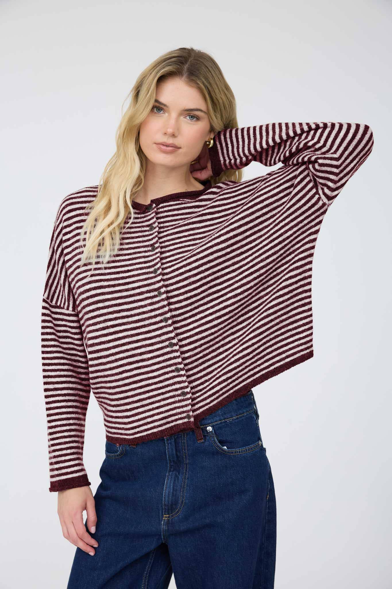 STRIPE RAW EDGE DROP SHOULDER KNIT CARDIGAN : DUSTY BLUE