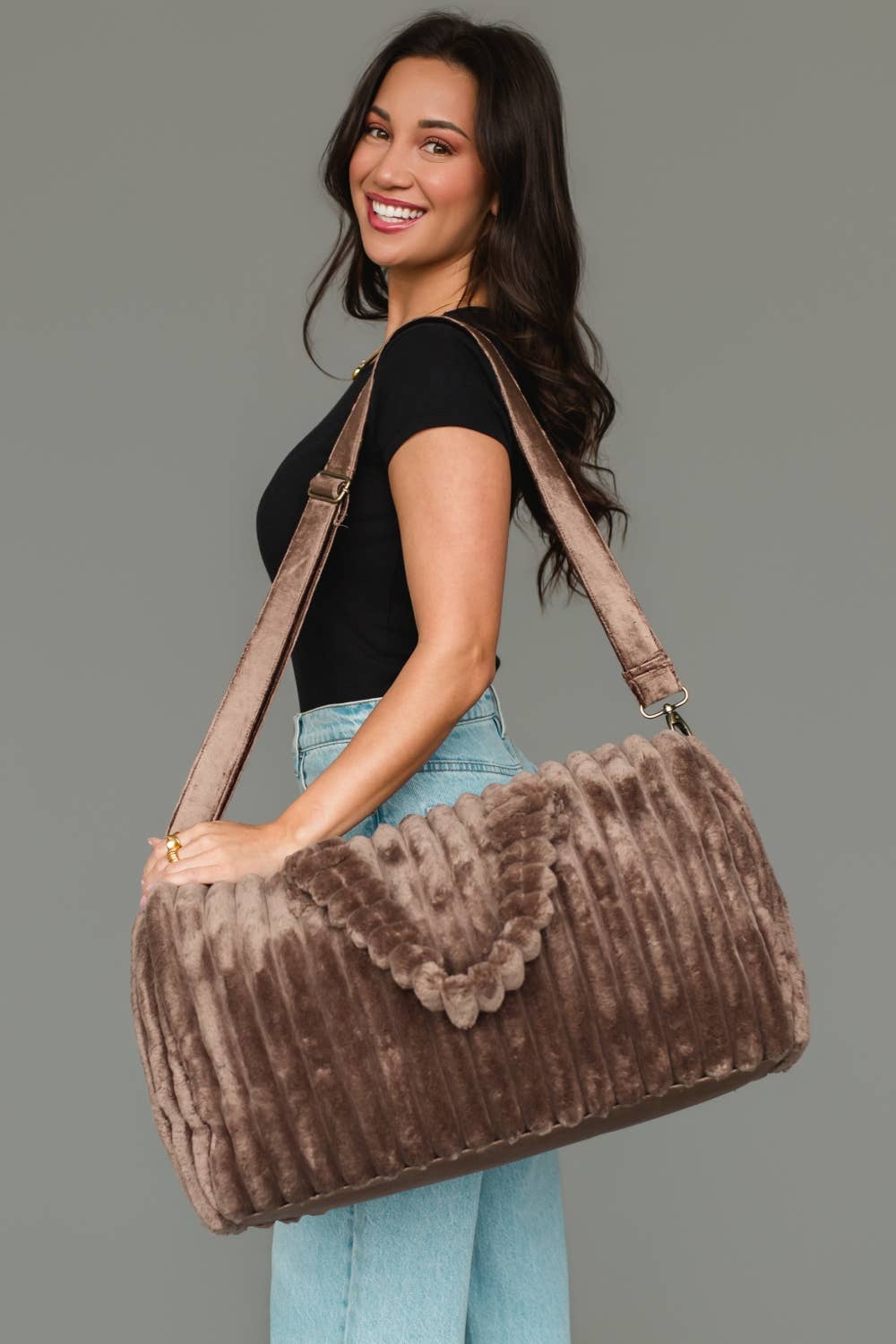 Brown Velvet Ribbed Duffel