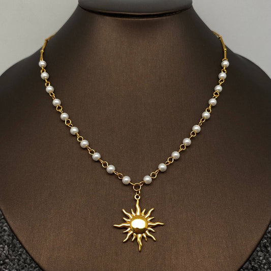 18K Gold Plated Sun Charm Pearl Chain Necklace