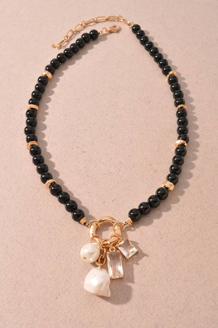 Black Beaded Pearl &amp; Crystal Charm Necklace