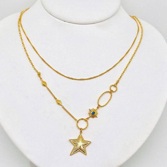 18k Gold Plated Star Charm Double Chain Necklace - FGS/MS