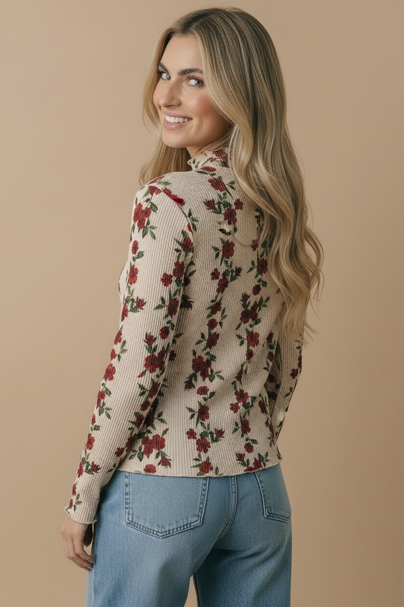 Mock Neck Floral Merrow Hem Rib Knit Top: TAUPE / M