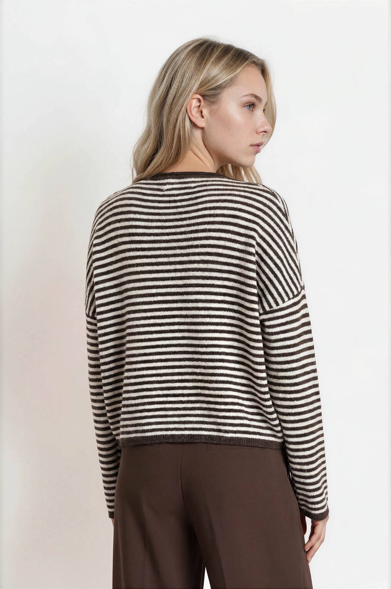 STRIPE RAW EDGE DROP SHOULDER KNIT CARDIGAN : DUSTY BLUE