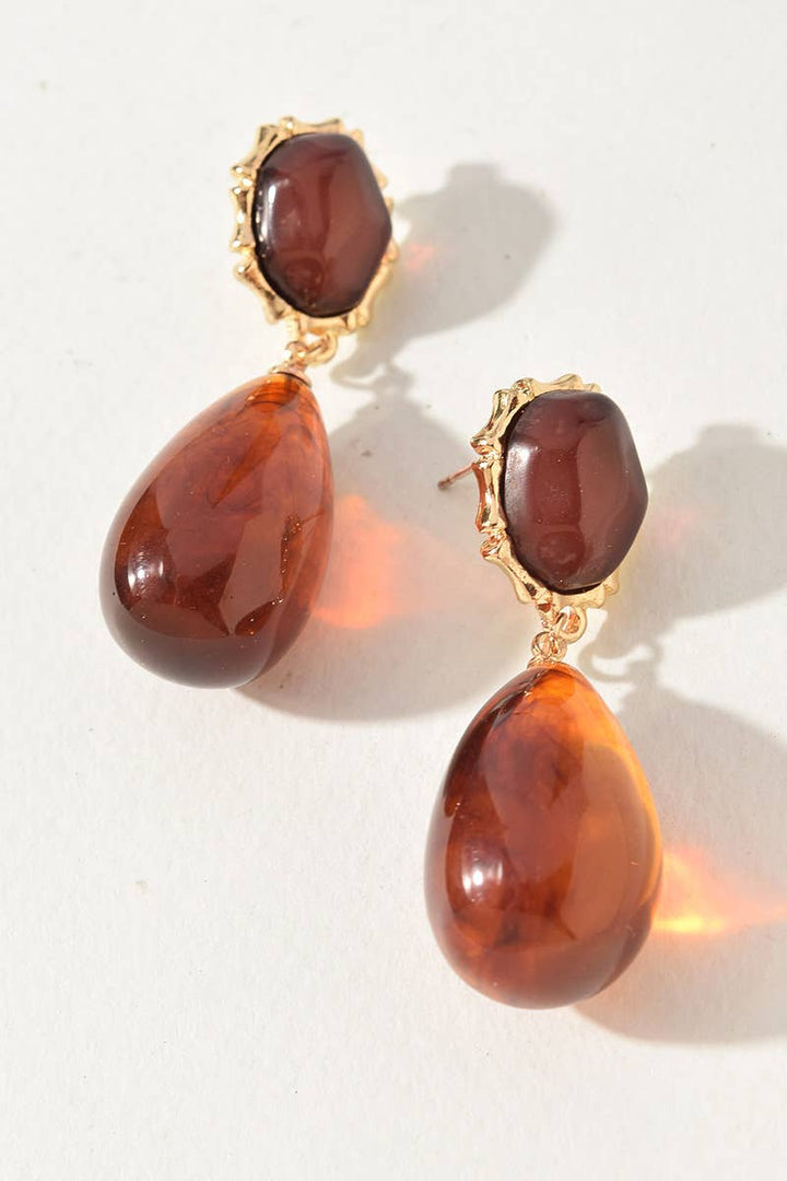 Brown Amber Teardrop Statement Earrings