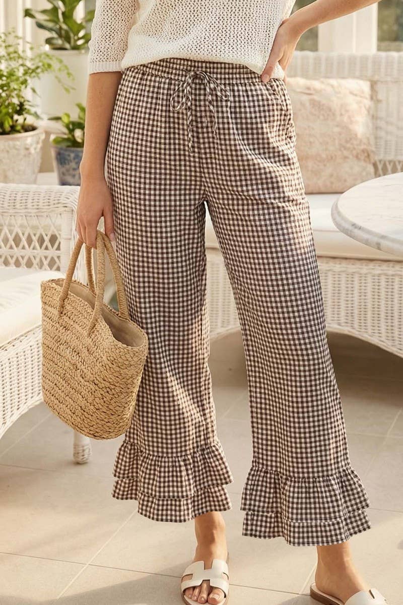 Gingham Casual Ruffled Hem 100%Cotton Cropped Pants VP83379A: Blue / M