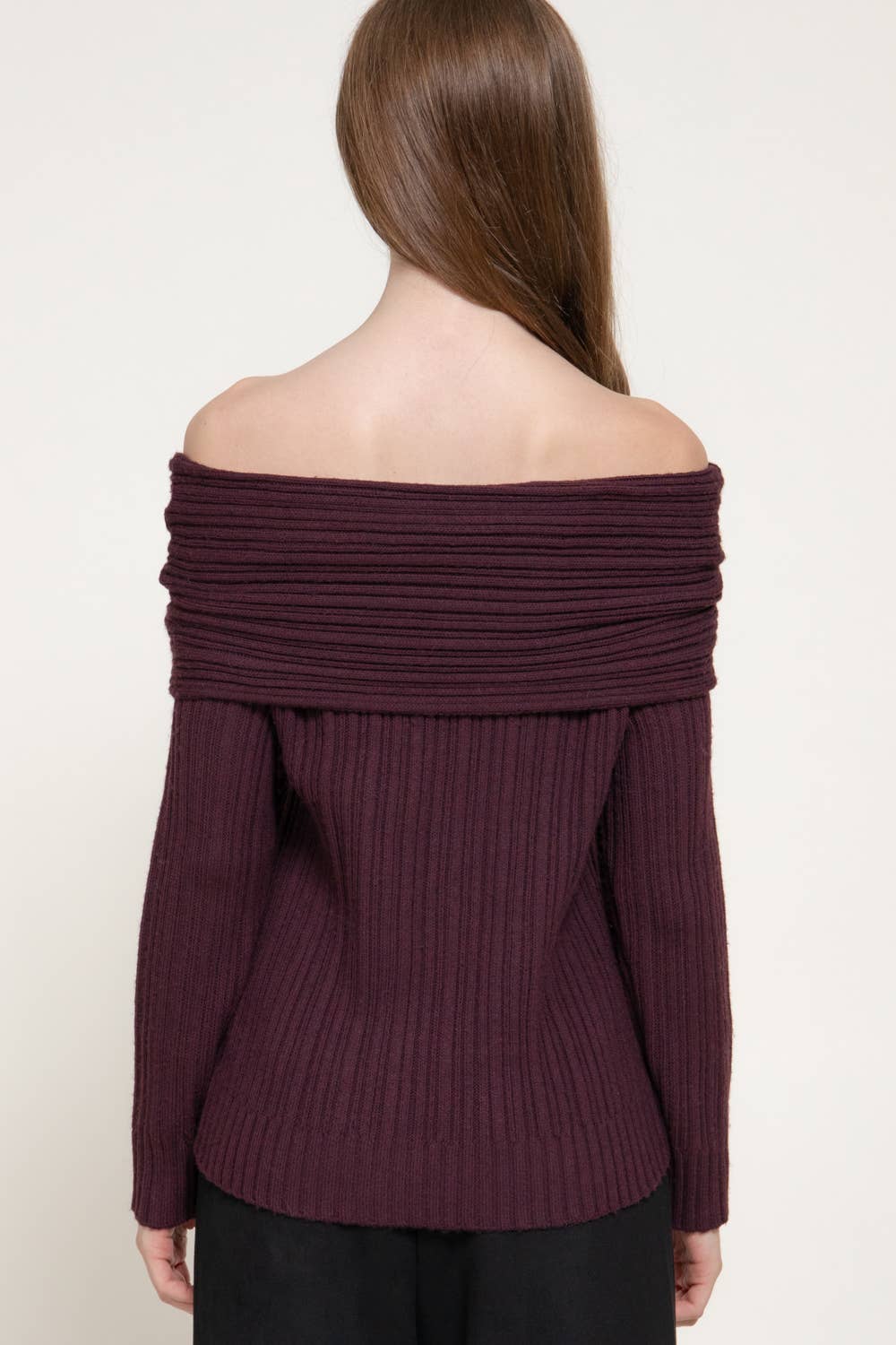 Plum Off The Shoulder Ribbed Sweater
