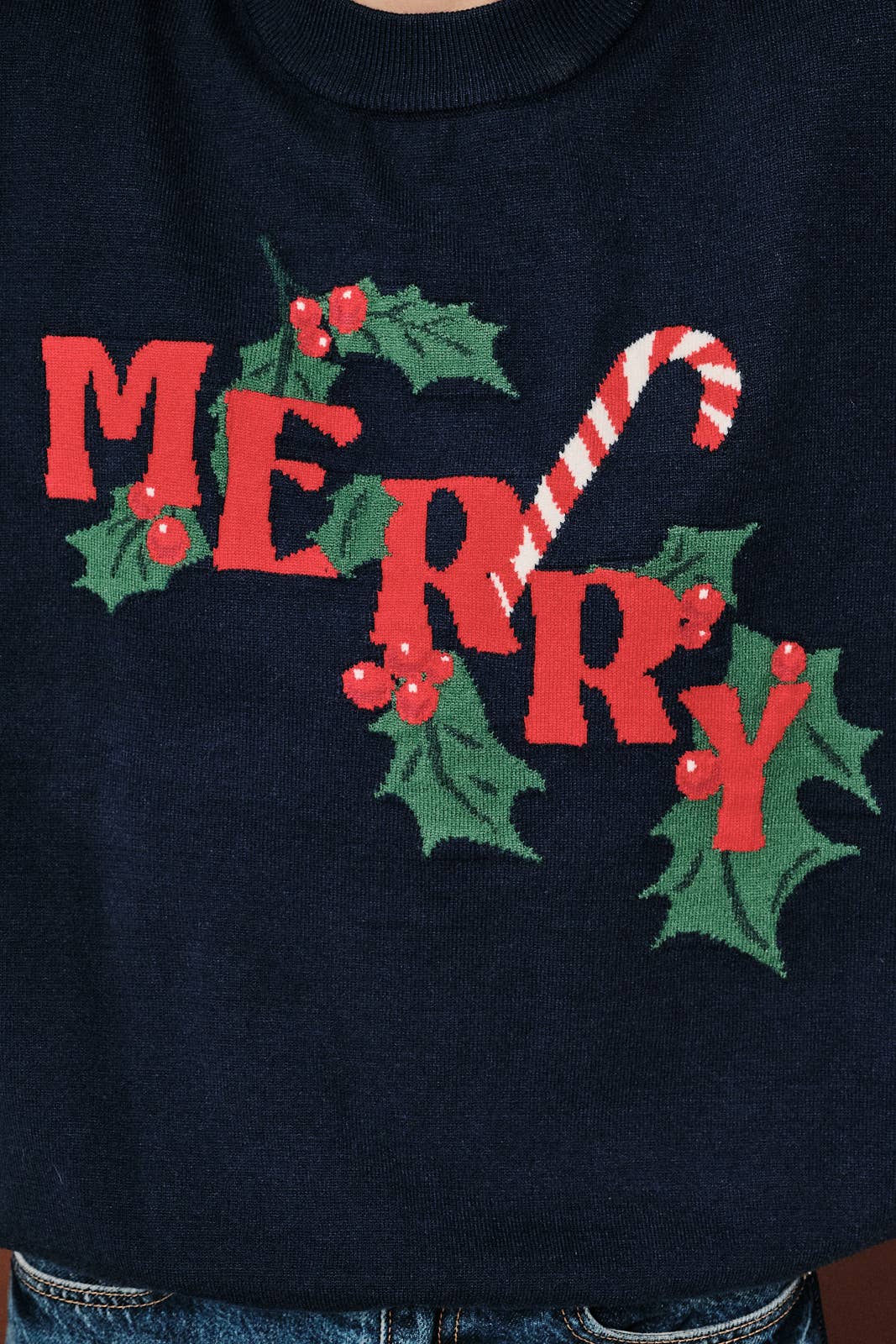 Merry Candy Cane Graphic Crew Neck Knit Sweater: NAVY / S