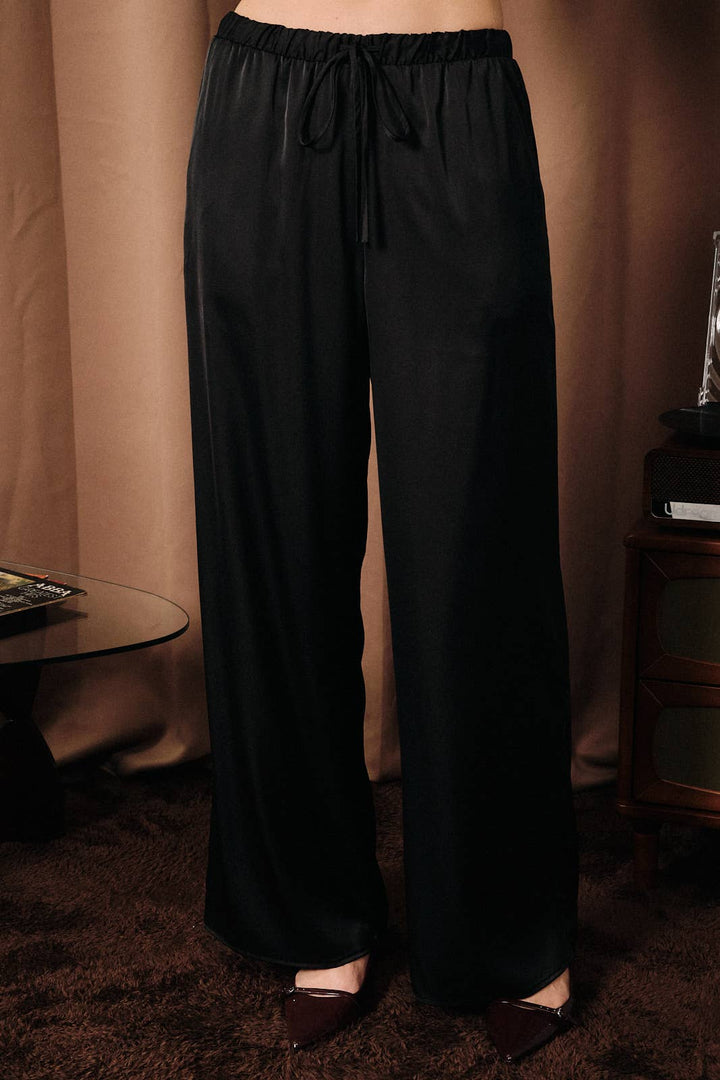 High Waist Drawstring Satin Wide Leg Pants: Burgundy / L