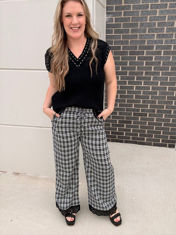 Black Plaid Laced Down Pants