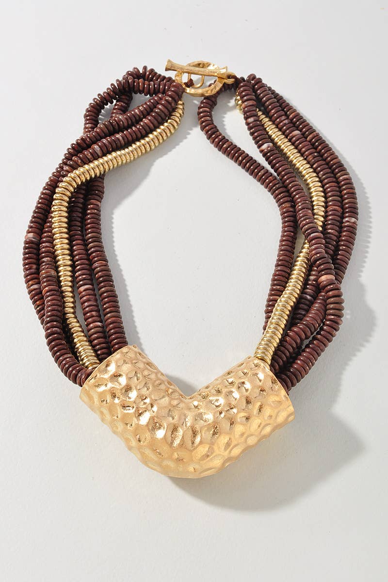 Dark Brown Metal Bead Pendant Multi Strand Necklace
