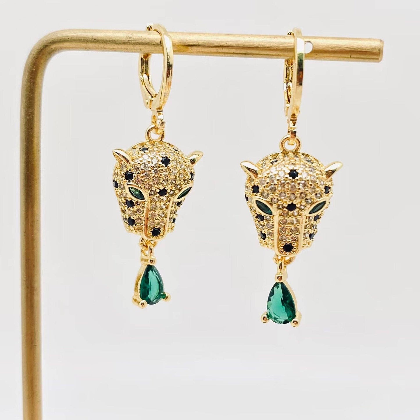 Gold Leopard & Enerald Earrings