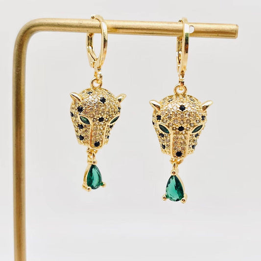 Gold Leopard & Enerald Earrings