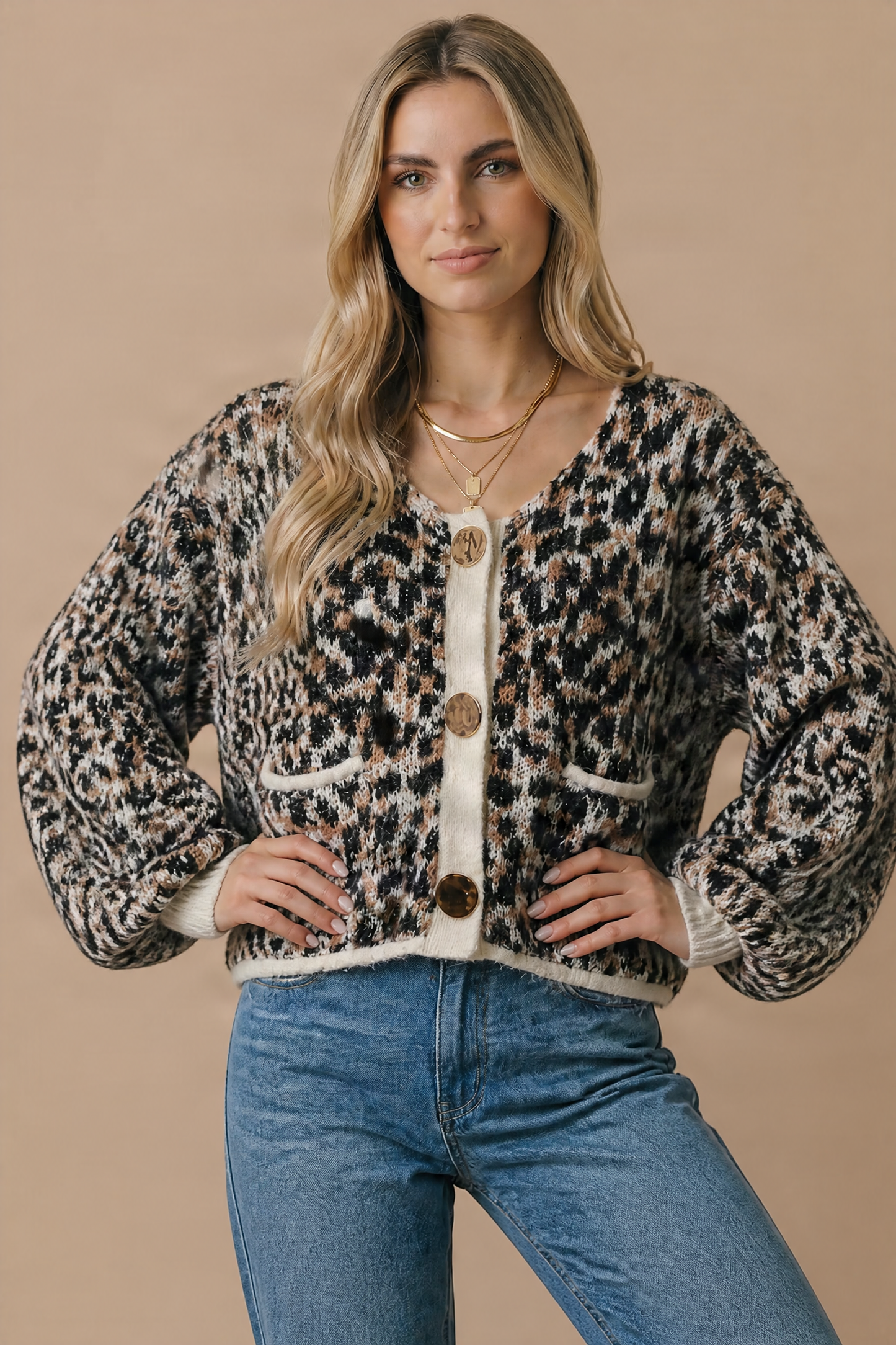 Scoop Neck Leopard Gold Buttons Cardigan: TAUPE / S