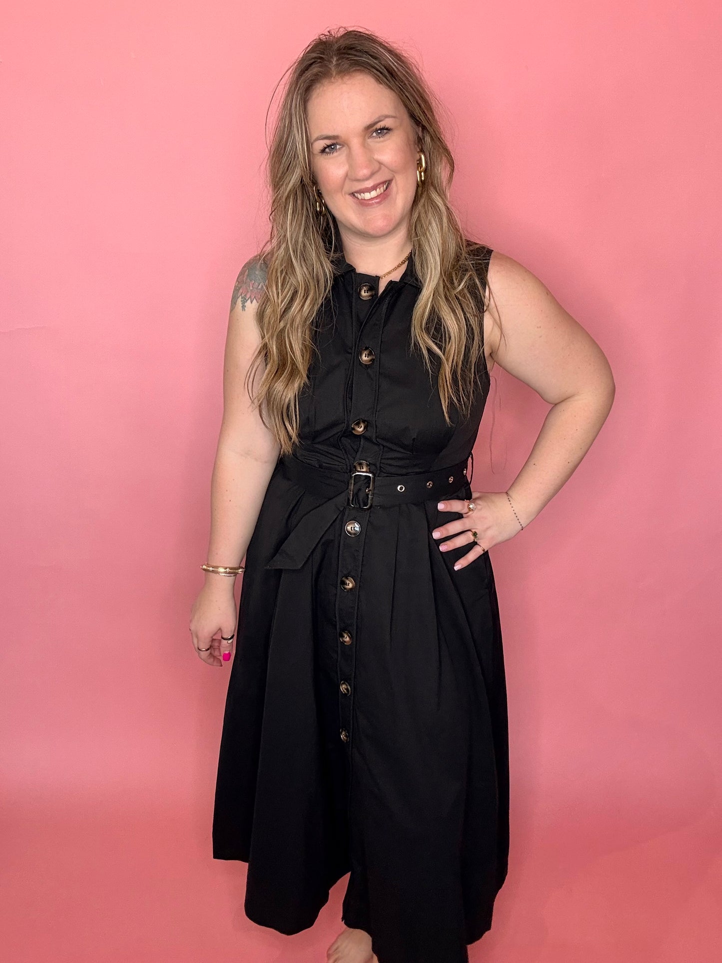 Black Button Closure dress w/Belt