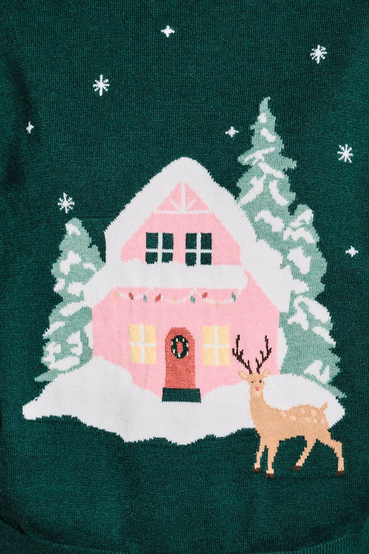 Snow House Graphic Knit Pullover Sweater: HUNTER GREEN / M