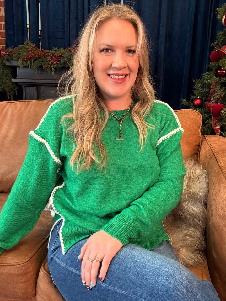 Green With Envy Blanket Stitch Sweater