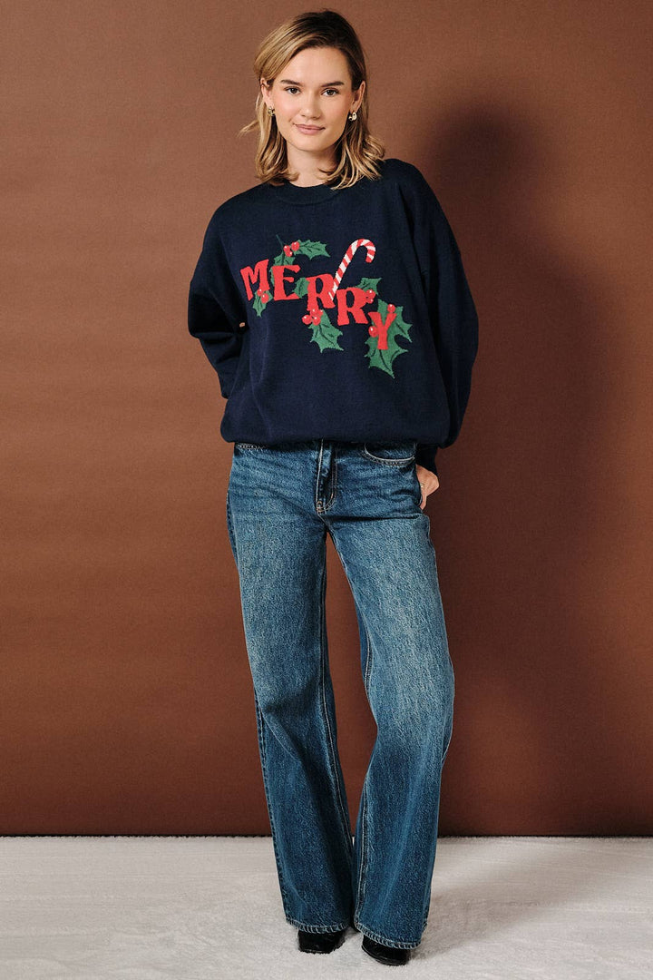 Merry Candy Cane Graphic Crew Neck Knit Sweater: NAVY / S