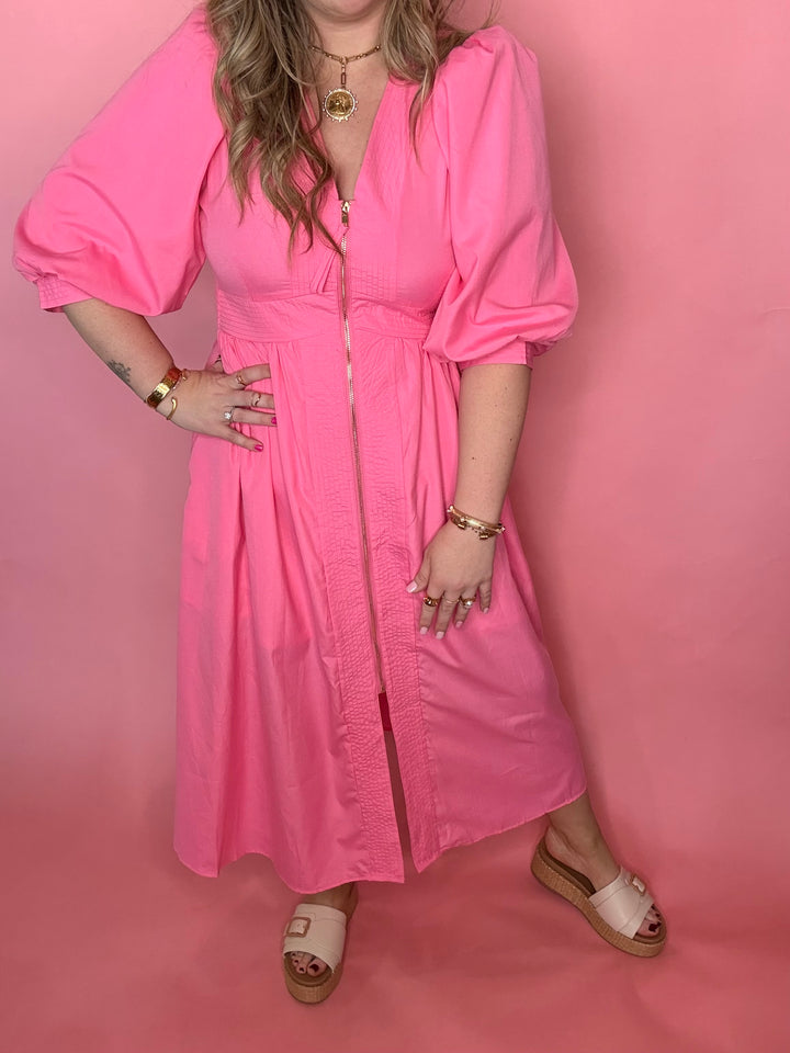 Pink Midi Dress w/Smock Waist