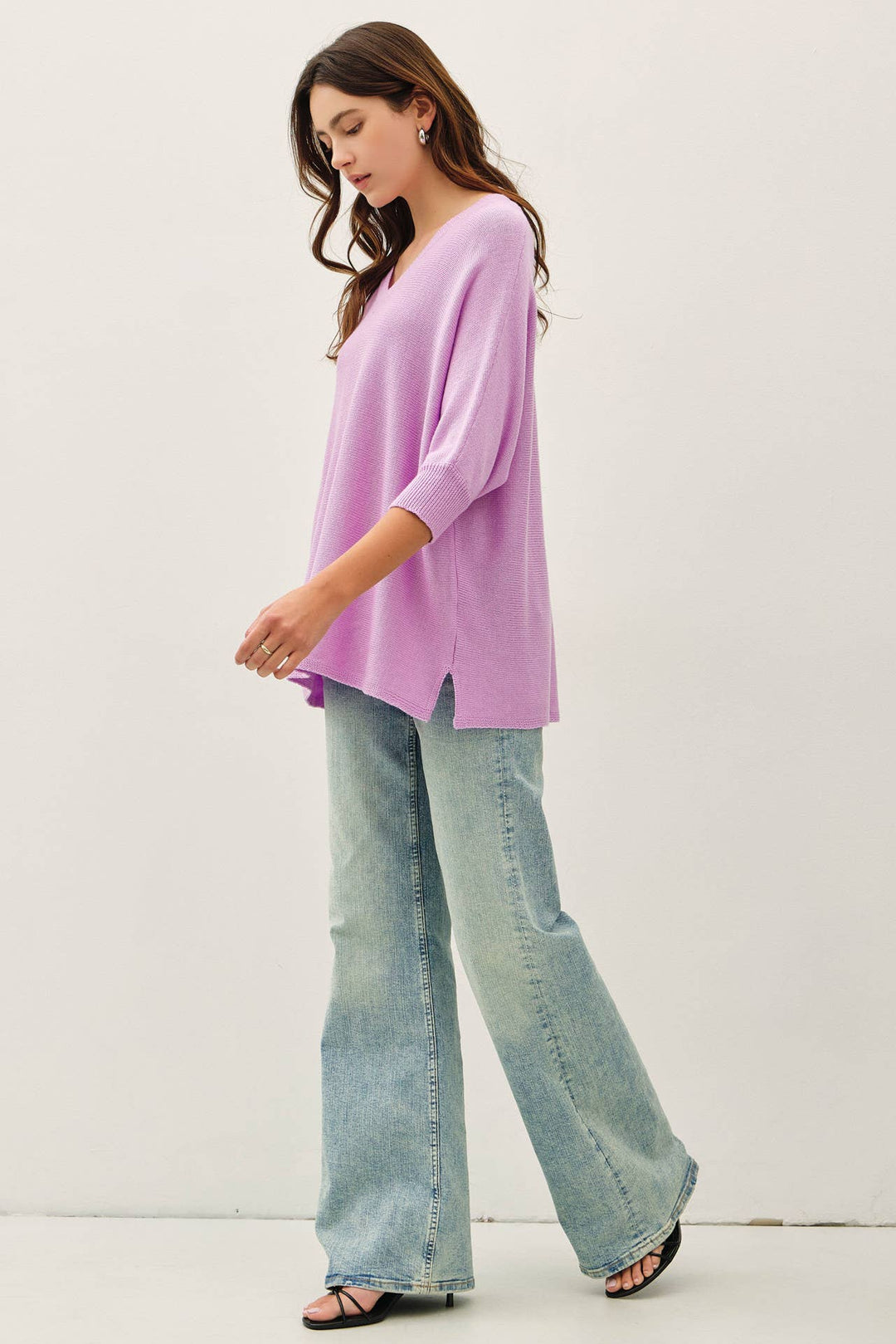 WOOL BLENDED BOXY V-NECK SWEATER TOP: LAVENDER / S