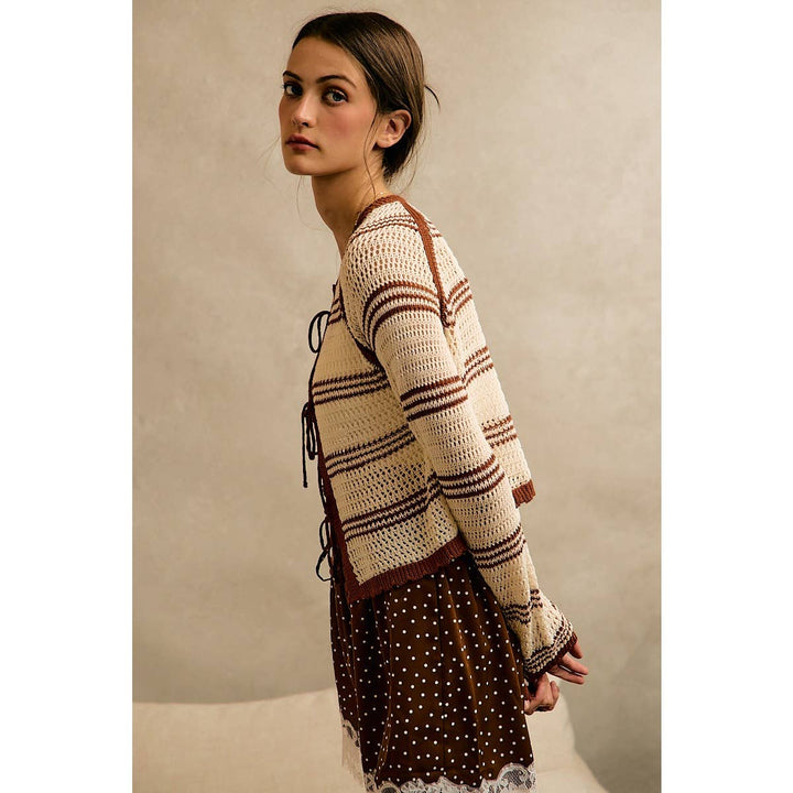 STRIPE OPEN KNIT TIE SWEATER TOP: BROWN / XL
