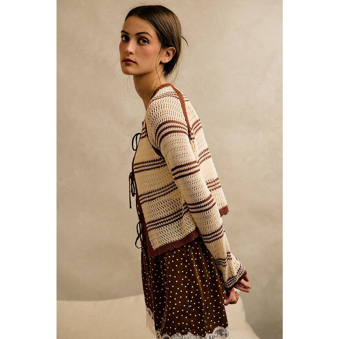 STRIPE OPEN KNIT TIE SWEATER TOP: BROWN / M