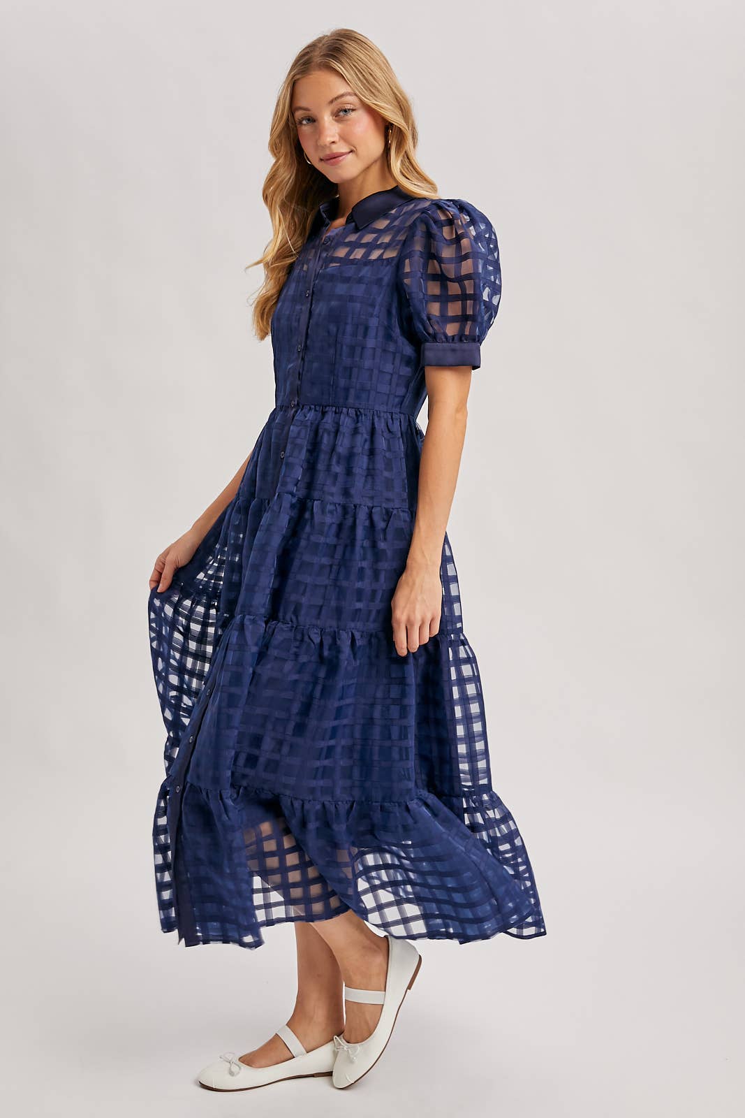 Navy Gridded Maxi Dress