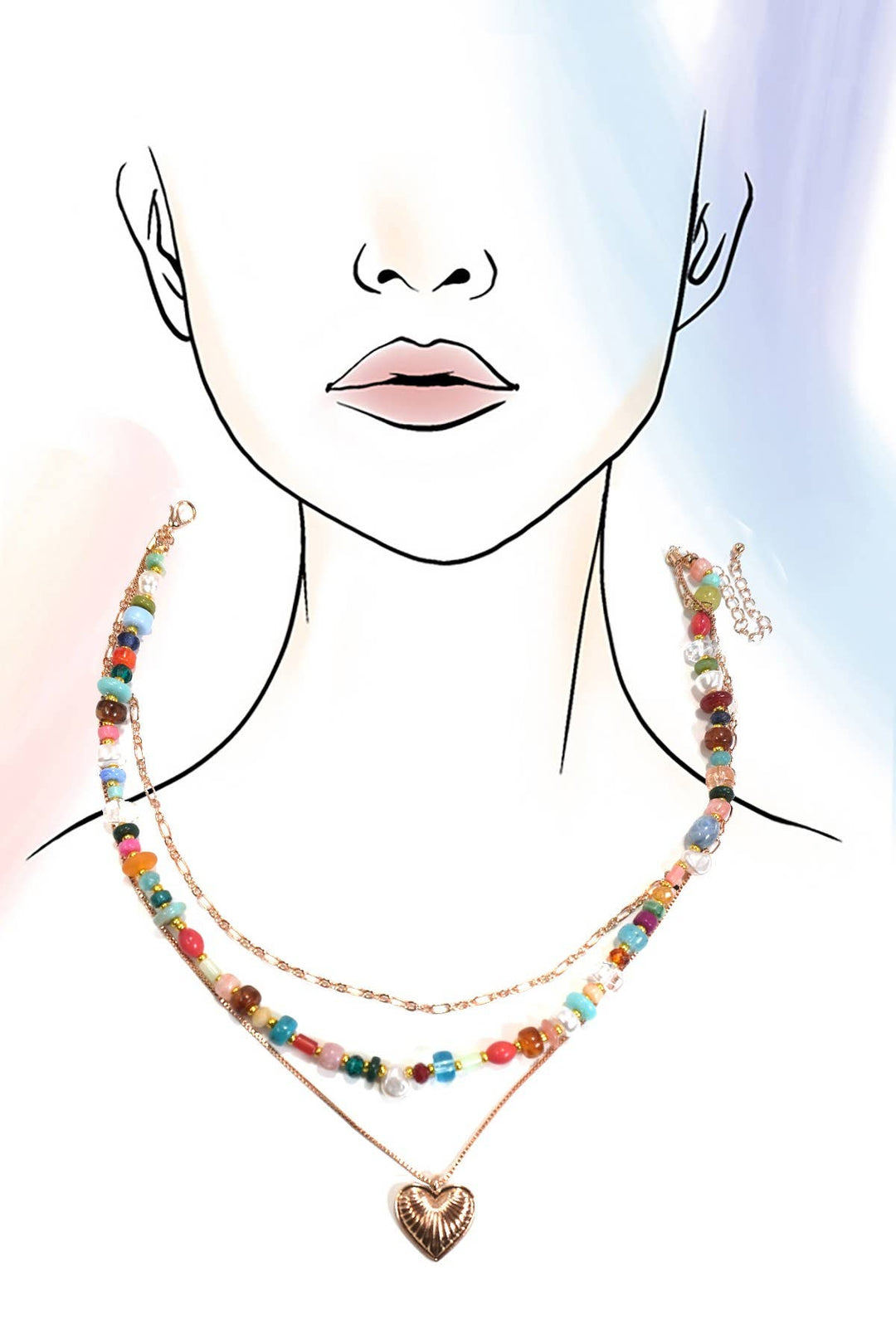 Multi Layered Heart w/Colored Beaded Necklace