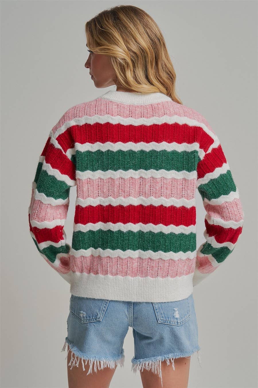 HOLIDAY CHRISTMAS COLOR STRIPE SWEATER CARDIGAN_JLT00484-01: IVORY / S-M-L(2-2-2)