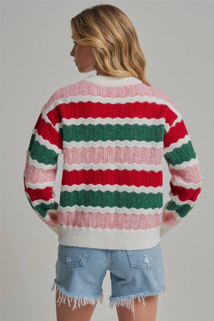 HOLIDAY CHRISTMAS COLOR STRIPE SWEATER CARDIGAN_JLT00484-01: IVORY / S-M-L(2-2-2)