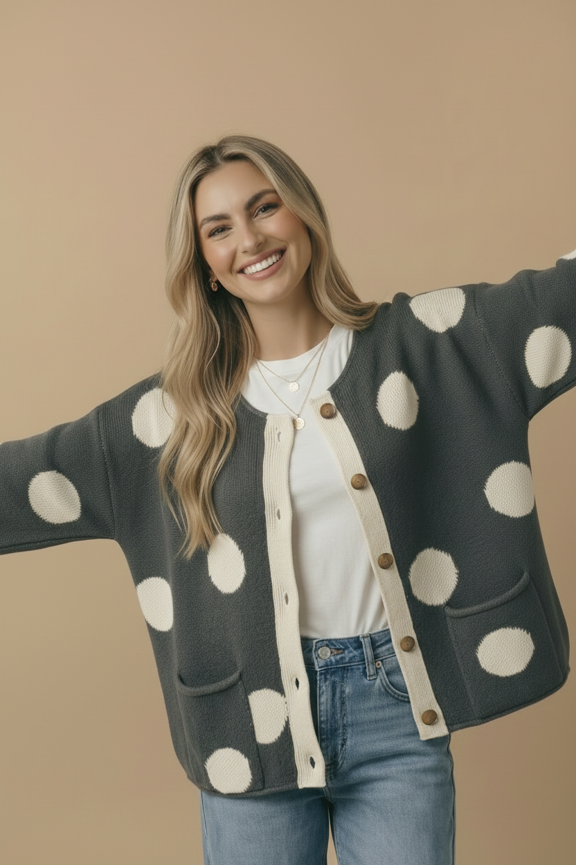Button Down Polka Dot Jacquard Cardigan: BRUNETTE / M