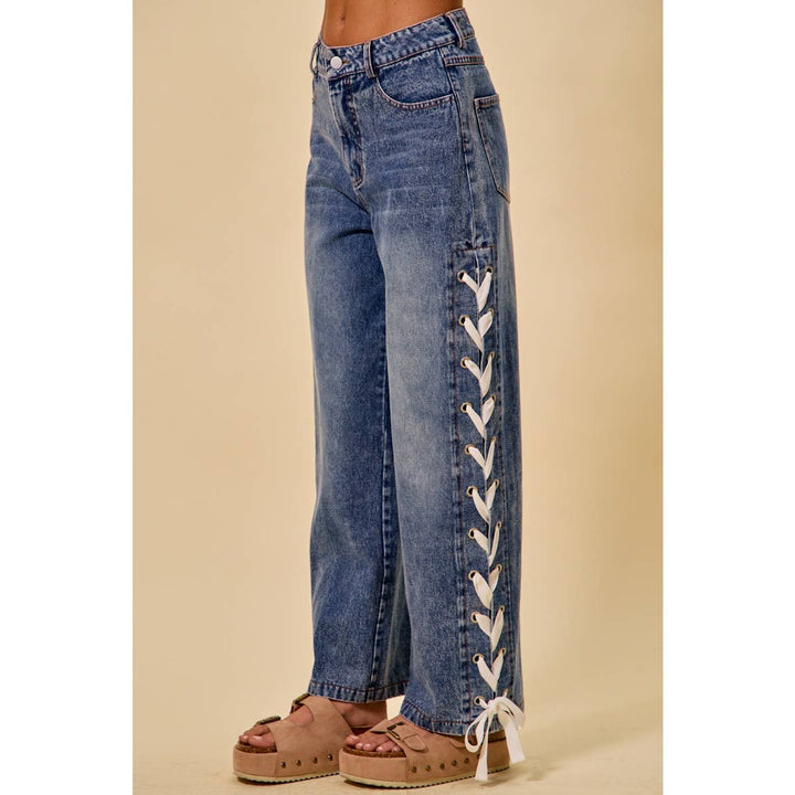 Mid Rise Straight Lace Up Jeans