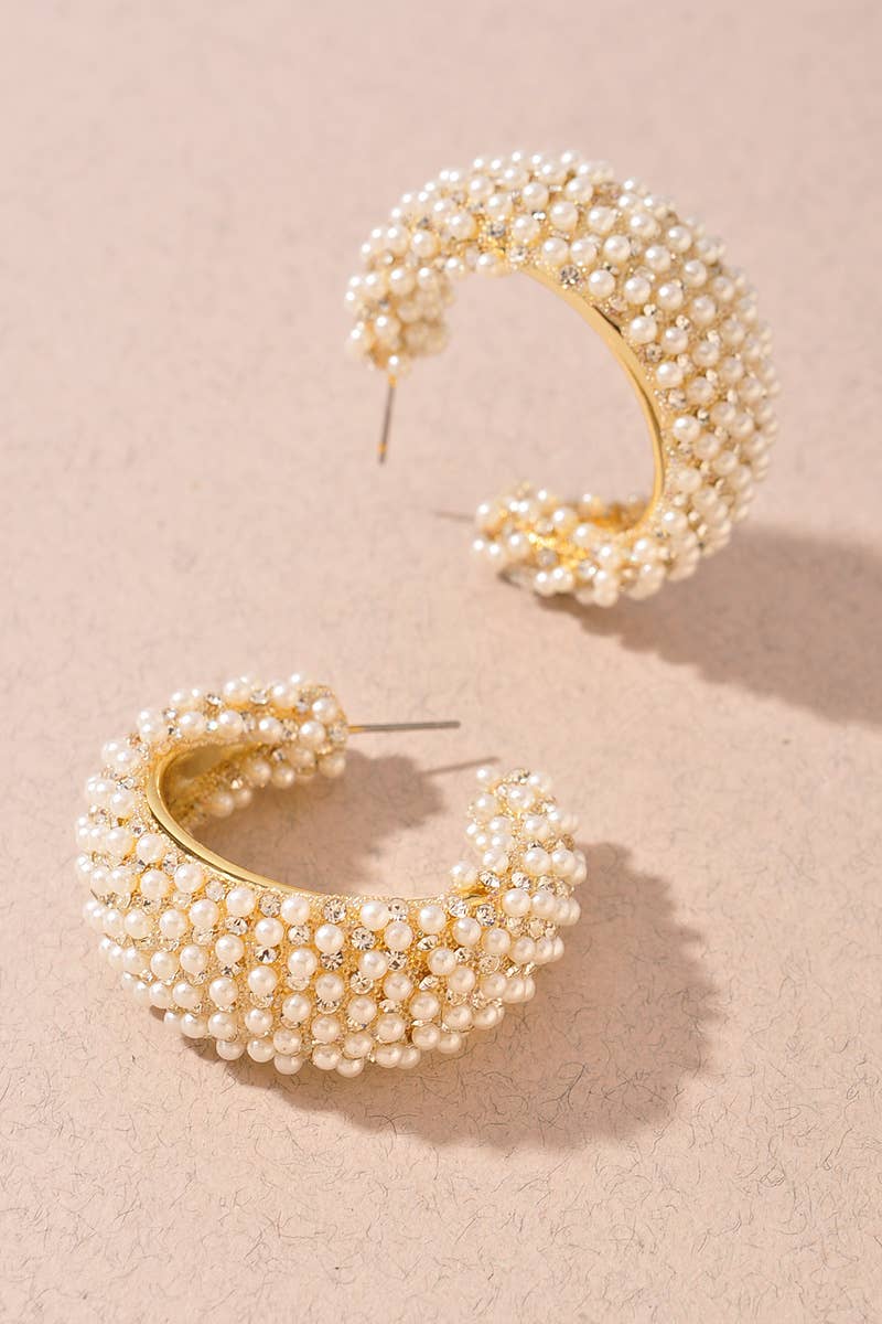 Pearl and Rhinestone Embellished Hoop Earrings