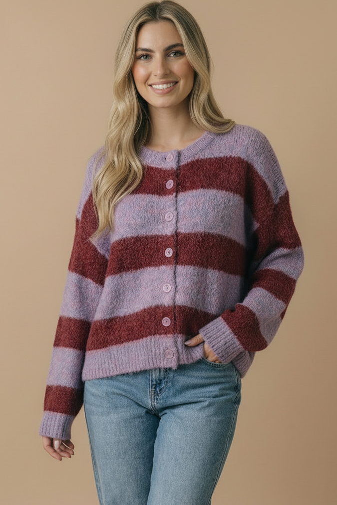 Fluffy Stripe Cardigan: Burgundy/Lavender