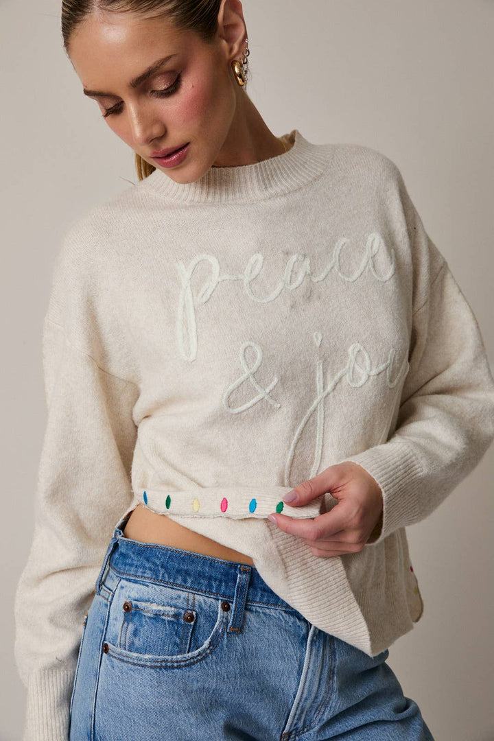 Mock Neck Long Sleeve Peace &amp; Joy Novelty Knit Sweater: Blue / L